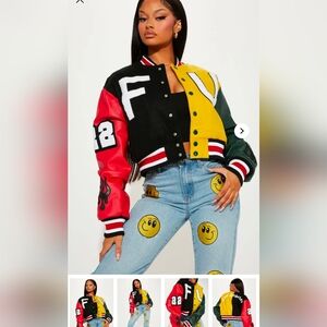 Fashion Nova FU Varsity Jacket Cropped Multicolor Women's Large